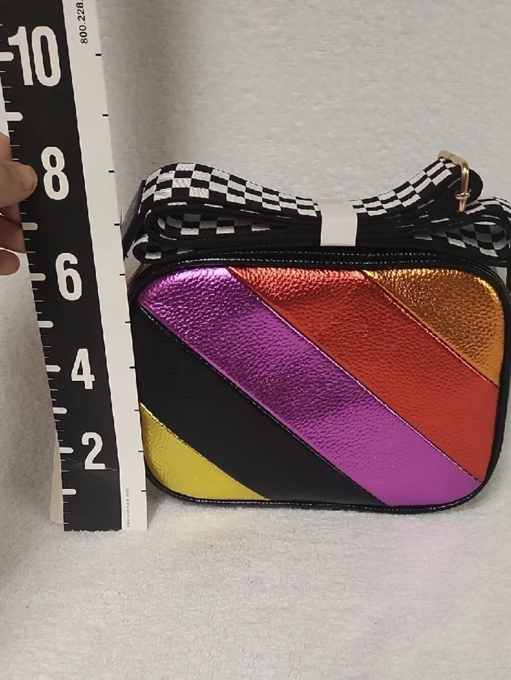 Black Crossbody Bag with Metallic Multi-Color Diagonal Stripes